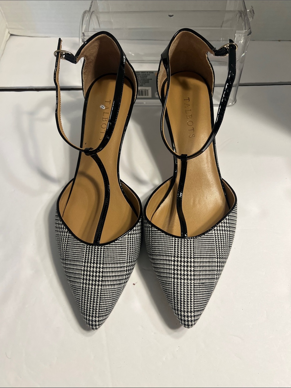 Talbots Black & White Houndstooth Pointed T-Strap Heels